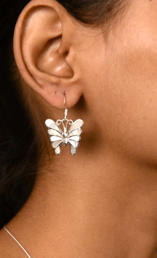 Tropical White Butterflies Silver Earrings