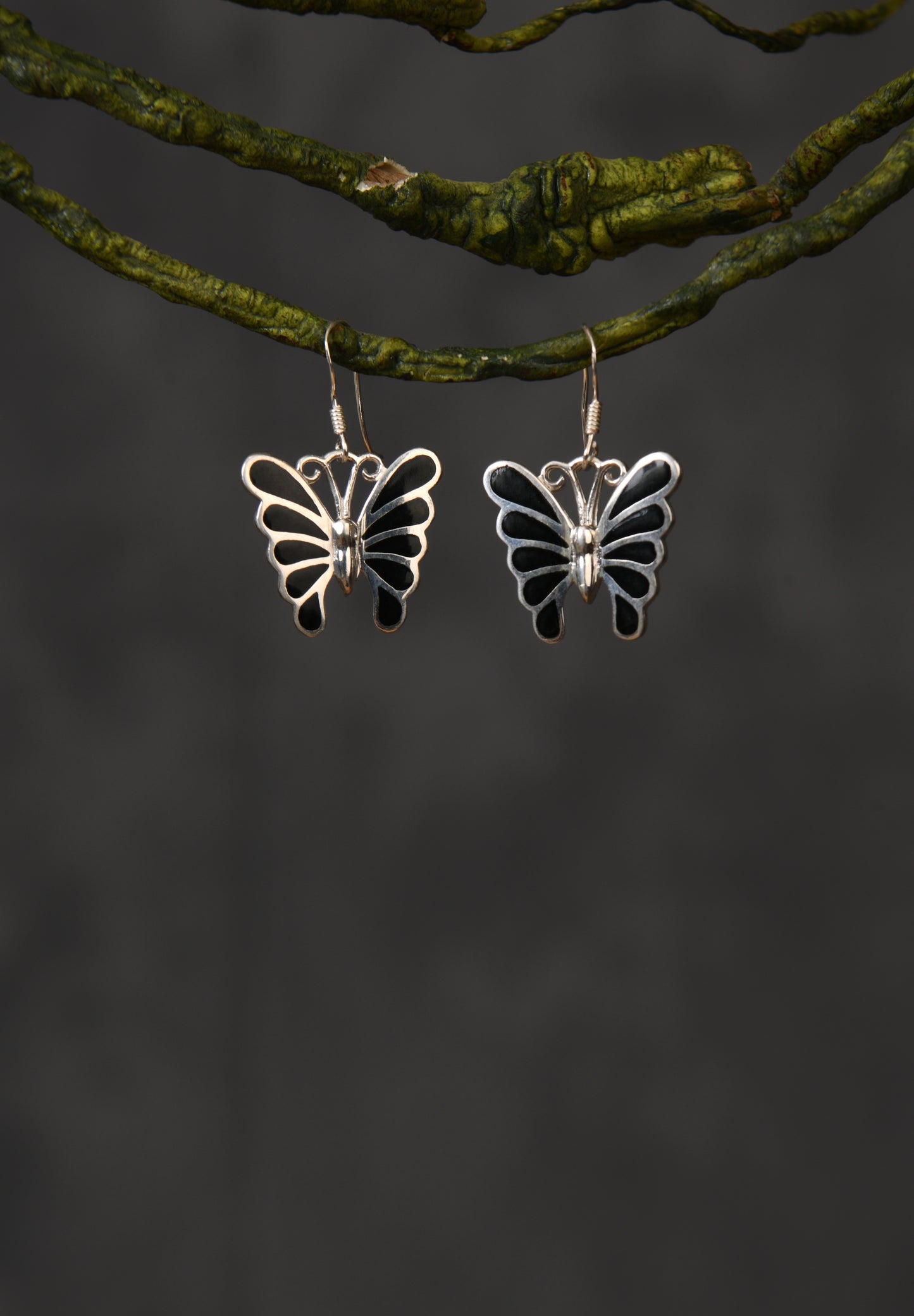 Black Beauties Butterflies Silver Earrings