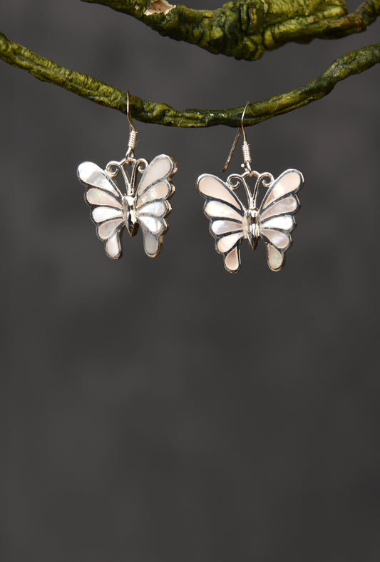 Tropical White Butterflies Silver Earrings