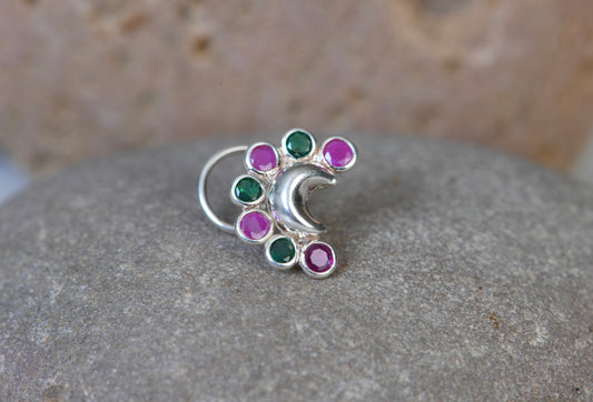 Chaand Phool Silver Nose Pin