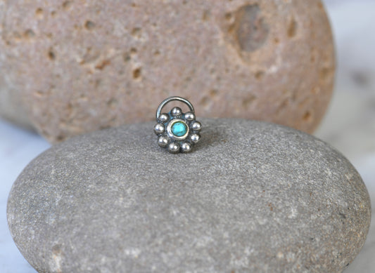 Turquoise Flower Silver Nose Pin