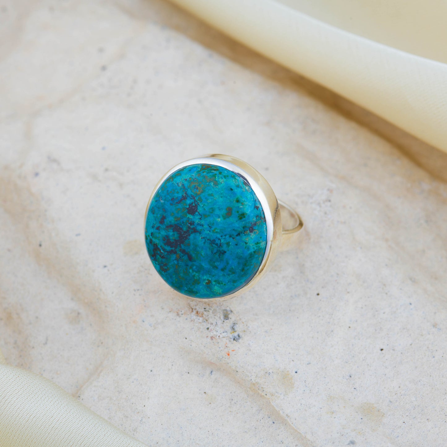 Teal Horizon Round Chrysocolla Silver Ring
