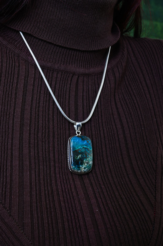 Silver Azurite Rectangle Pendant