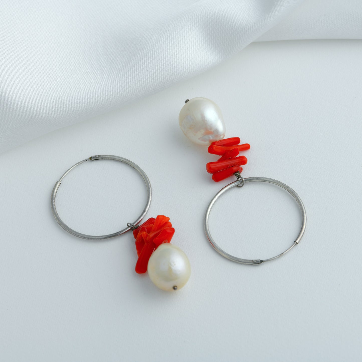 Pearl Coral Drops In Silver Rings