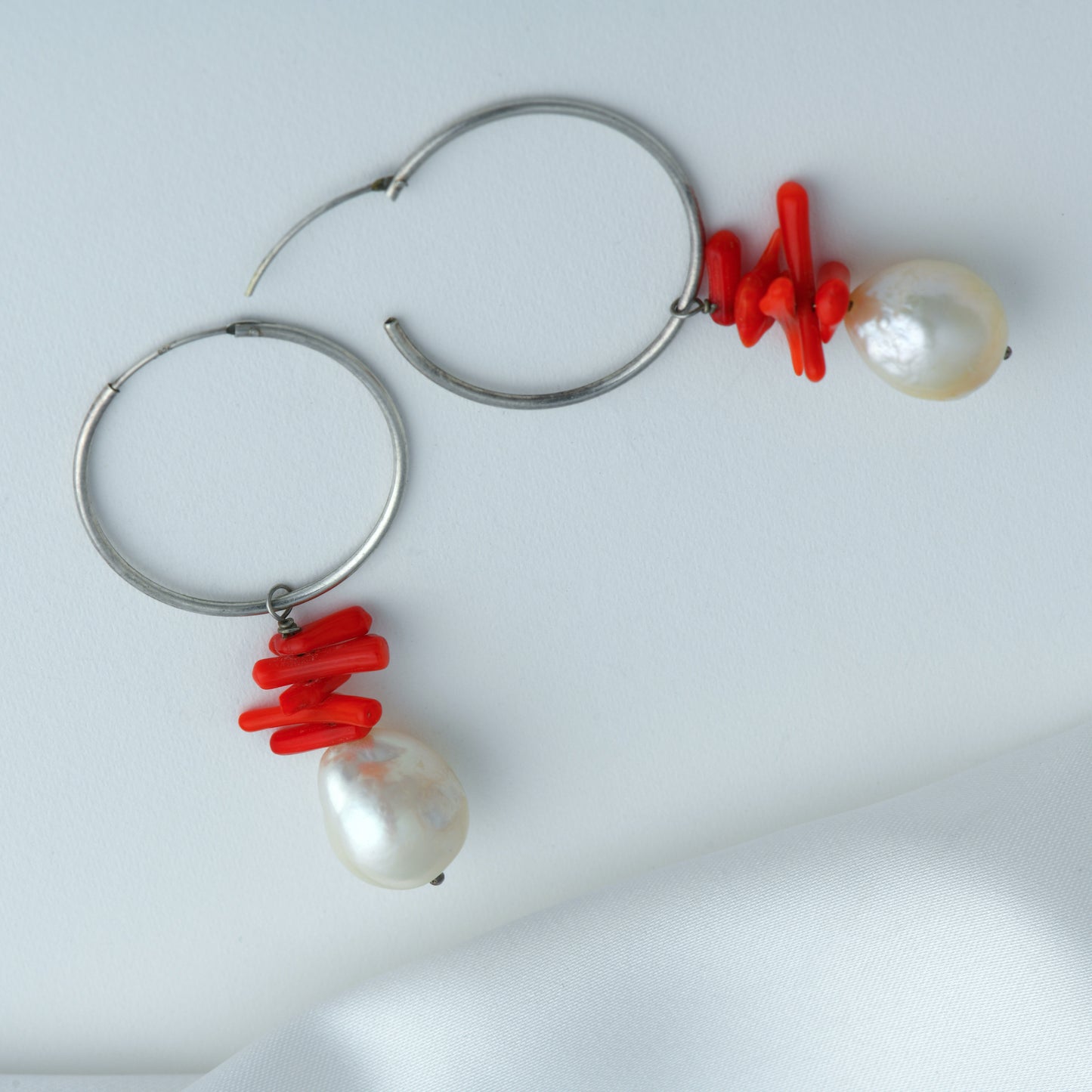 Pearl Coral Drops In Silver Rings
