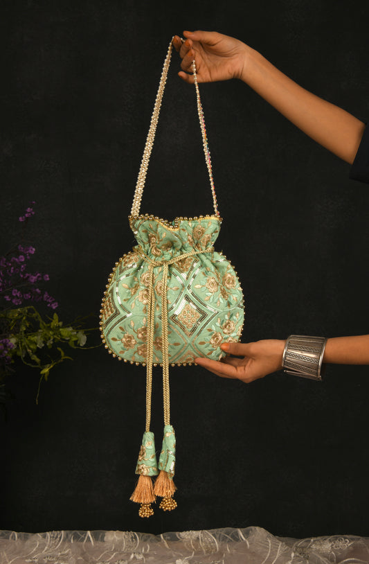 Minty Pastel Embroidered Potli