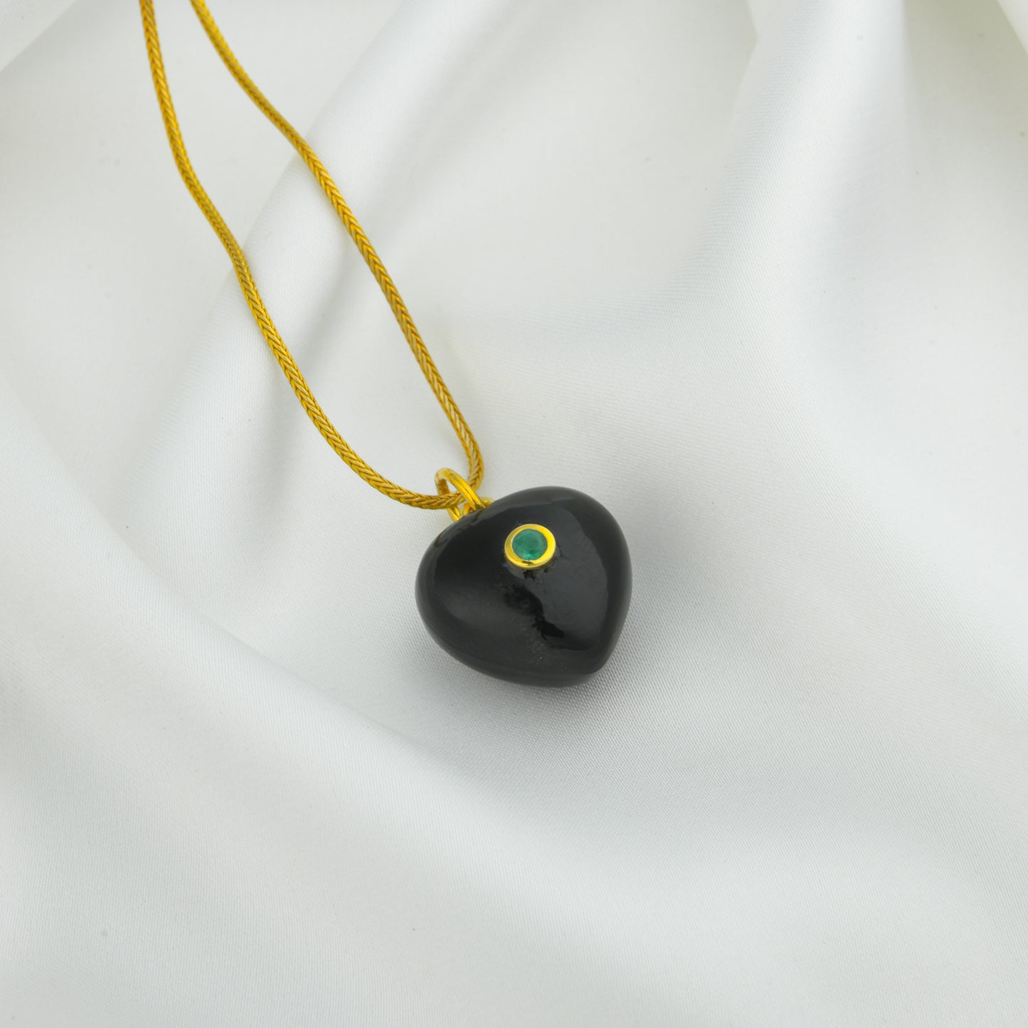 Natural Black Onyx Heart Pendant With Green Evil Eye