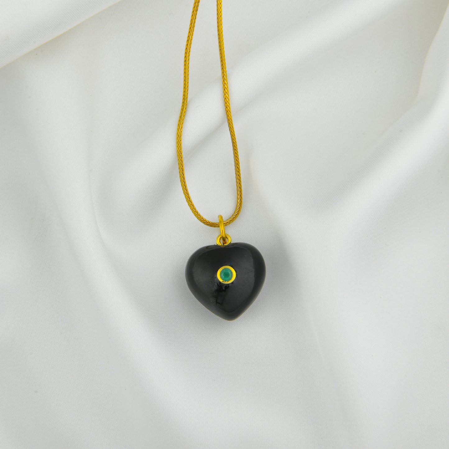 Natural Black Onyx Heart Pendant With Green Evil Eye
