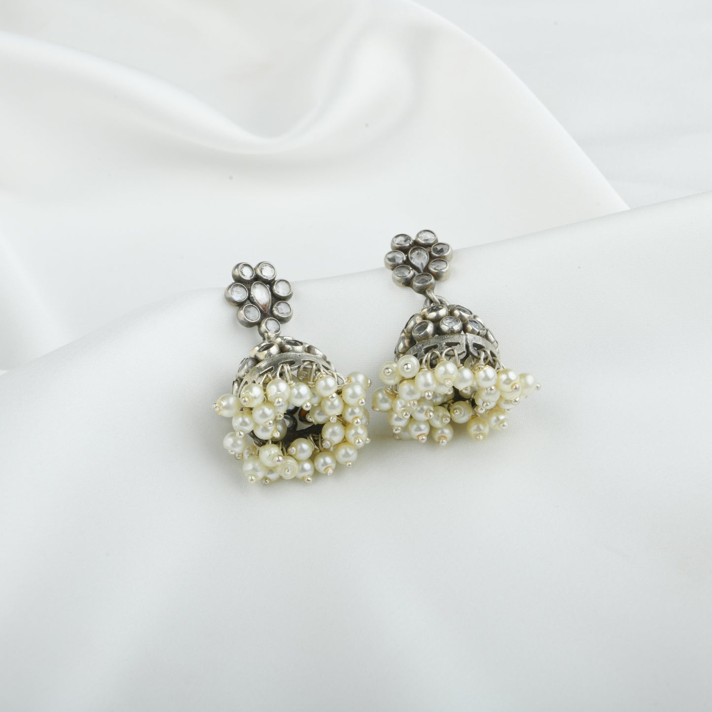 HIbiscus Silver Jhumki With Pearl Tassels