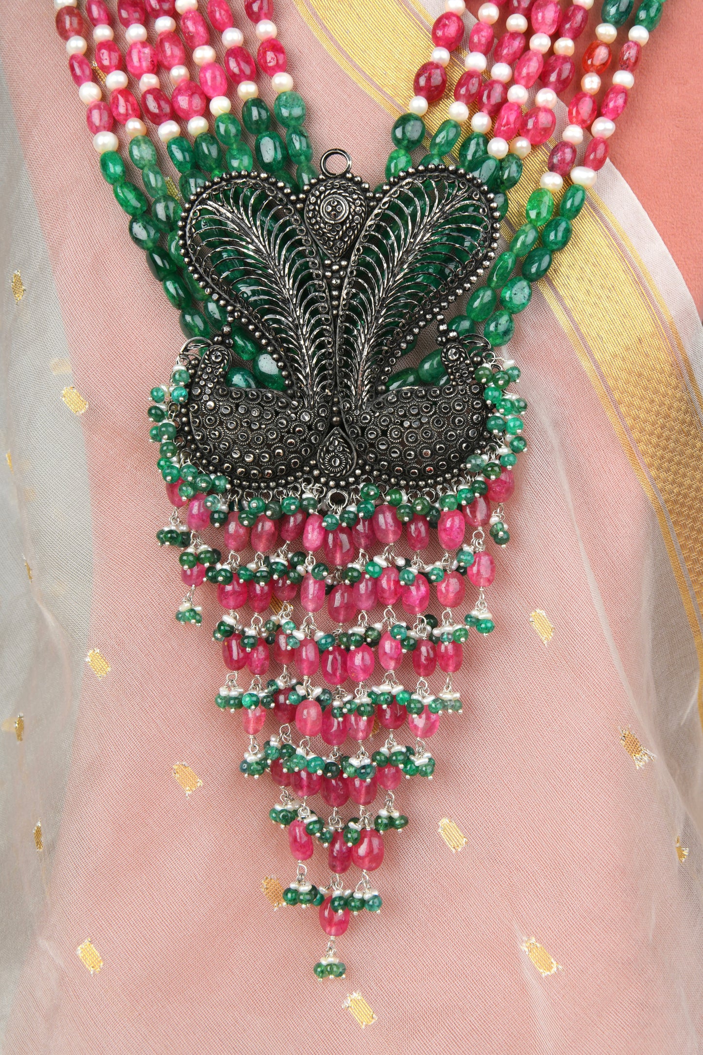 Rambagh Royal Peacock Silver Necklace Set