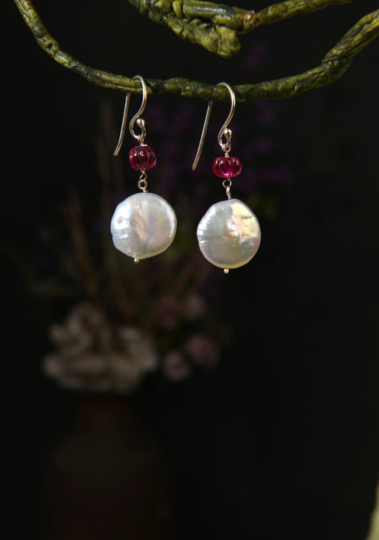 Ruby And White Coin Pearl Earrings