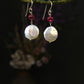 Ruby And White Coin Pearl Earrings