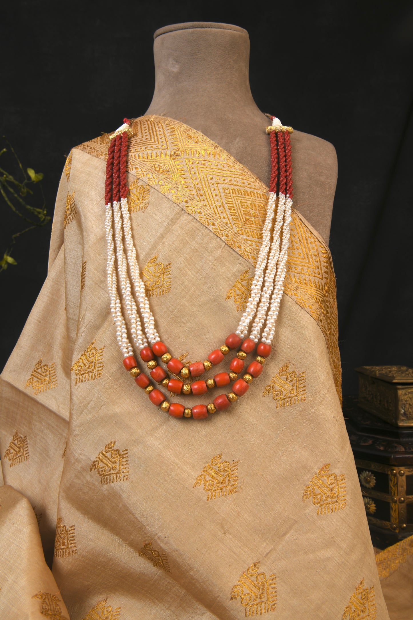 Pearl Coral And Gold Beads Triple Layered Necklace