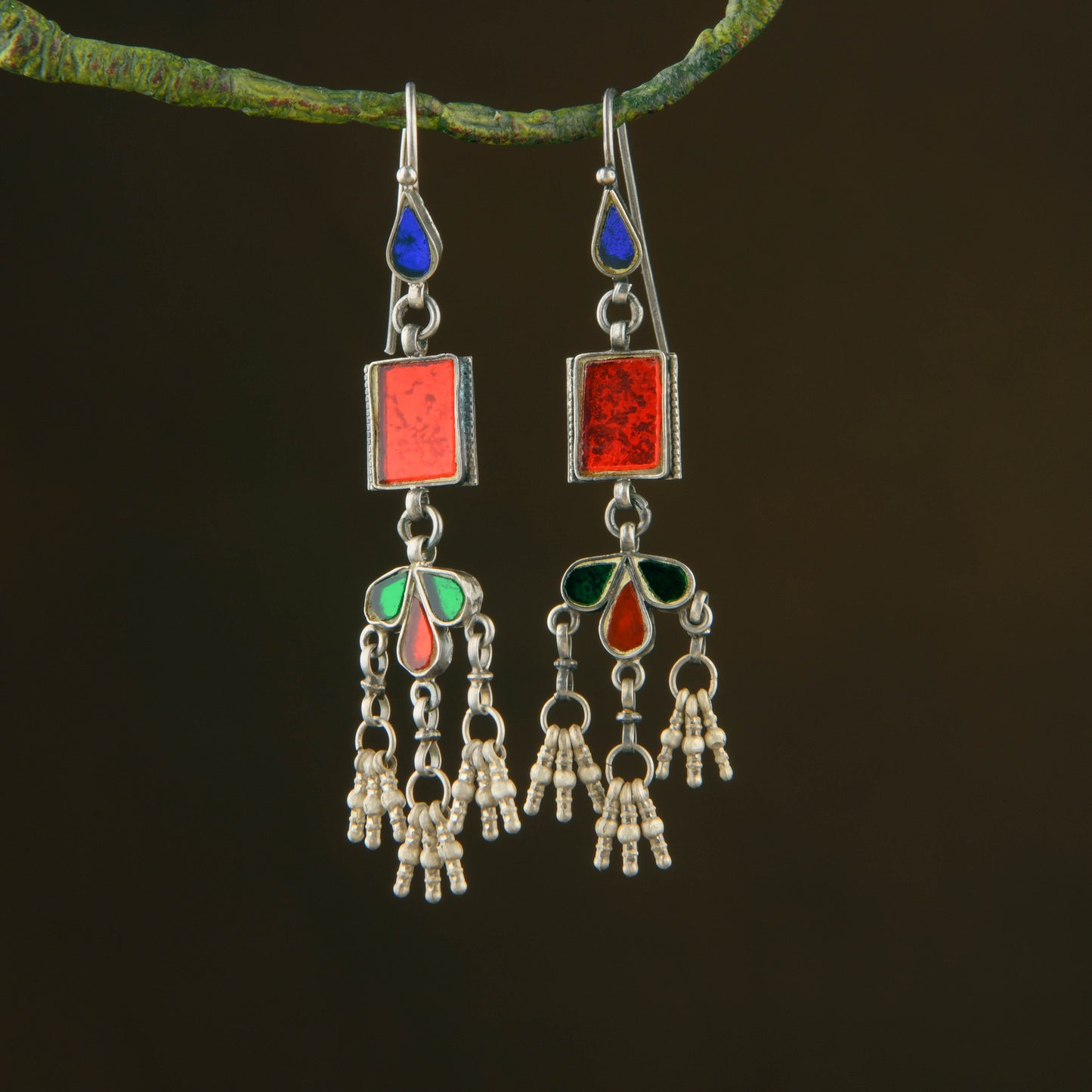 Silver Ruby Red Glass Earrings