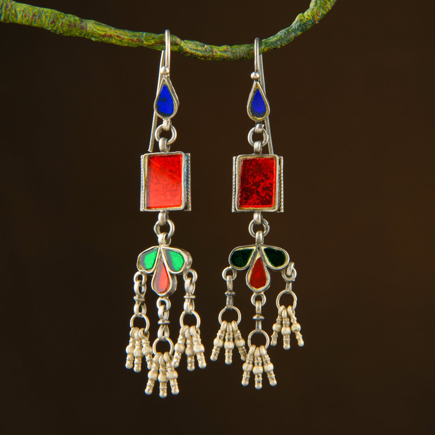 Silver Ruby Red Glass Earrings