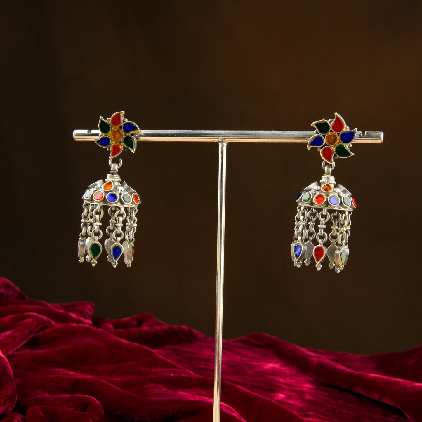 Madhu Chandrika Mirror Silver Jhumki