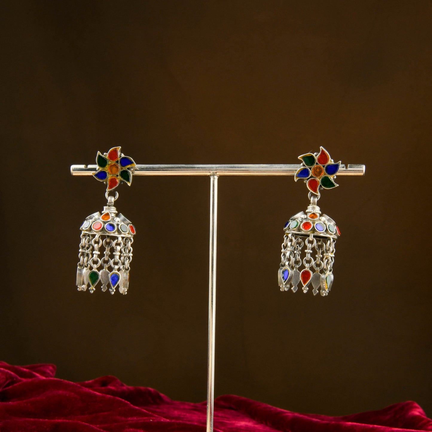 Madhu Chandrika Mirror Silver Jhumki