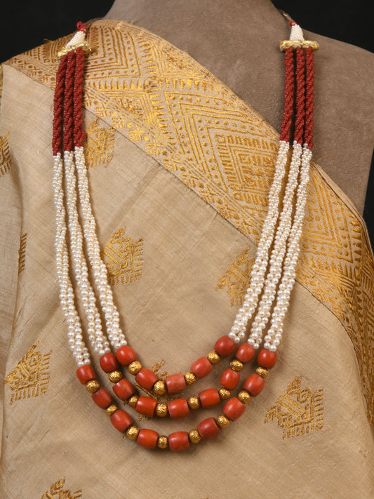 Pearl Coral And Gold Beads Triple Layered Necklace