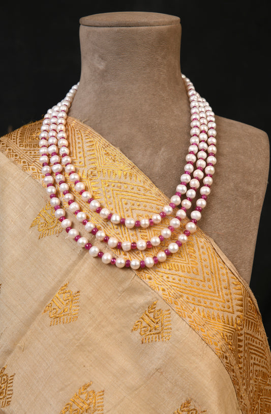 Triple Layered Ruby Pearl Necklace