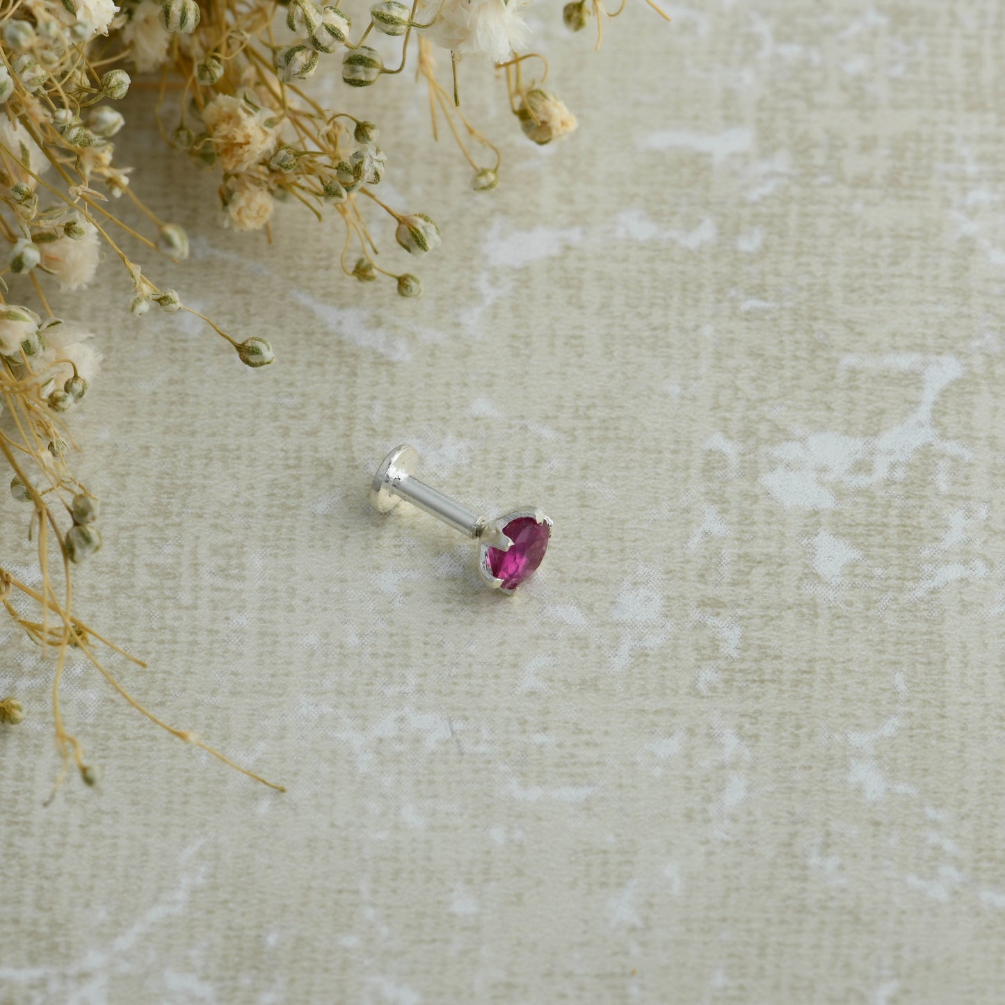 Natural Ruby Screw Type Silver Nose Pin