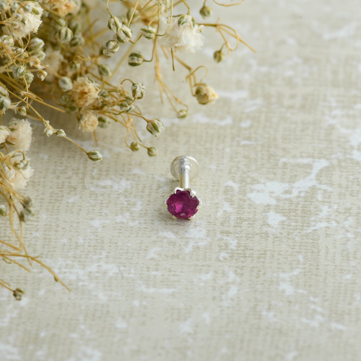 Natural Ruby Screw Type Silver Nose Pin