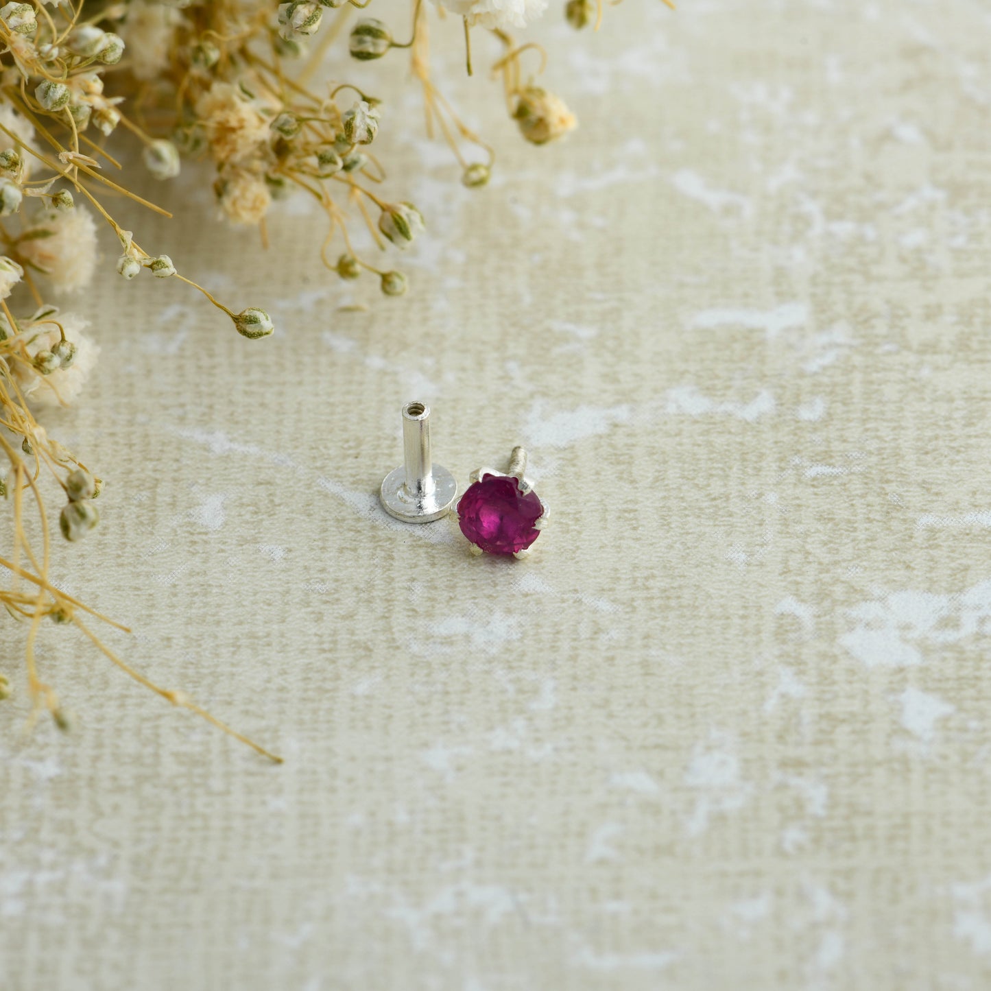 Natural Ruby Screw Type Silver Nose Pin