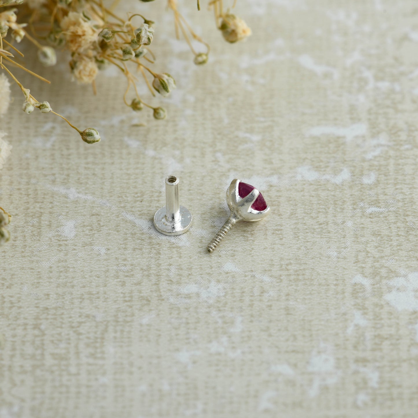 Natural Ruby Screw Type Silver Nose Pin