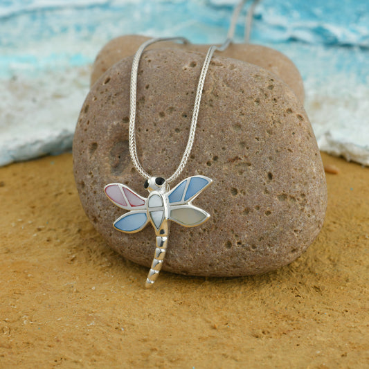 Multi colour MOP Dragon Fly And Silver Pendant