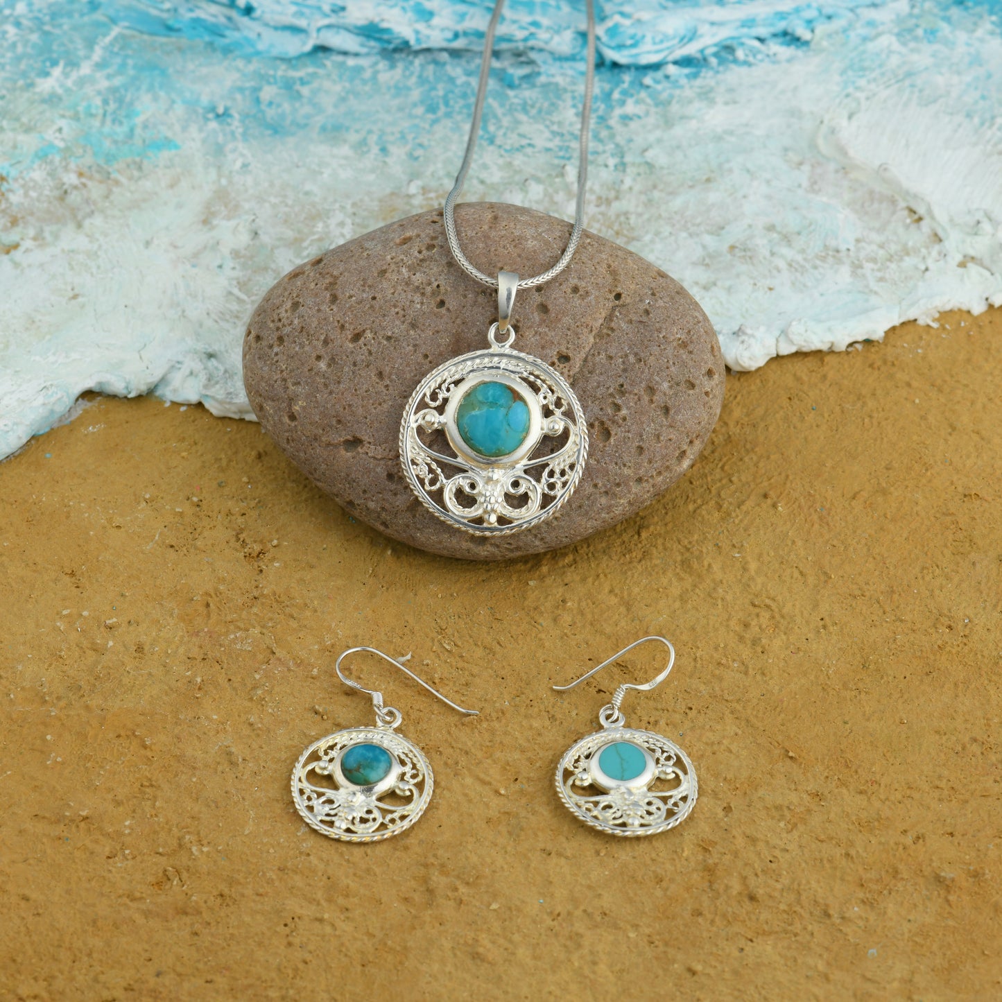 Turquoise Filigree Silver Pendant Earrings Set