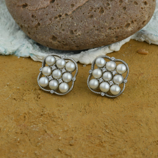Premium Freshwater Pearls And Silver(Rhodium Plated) Square Studs