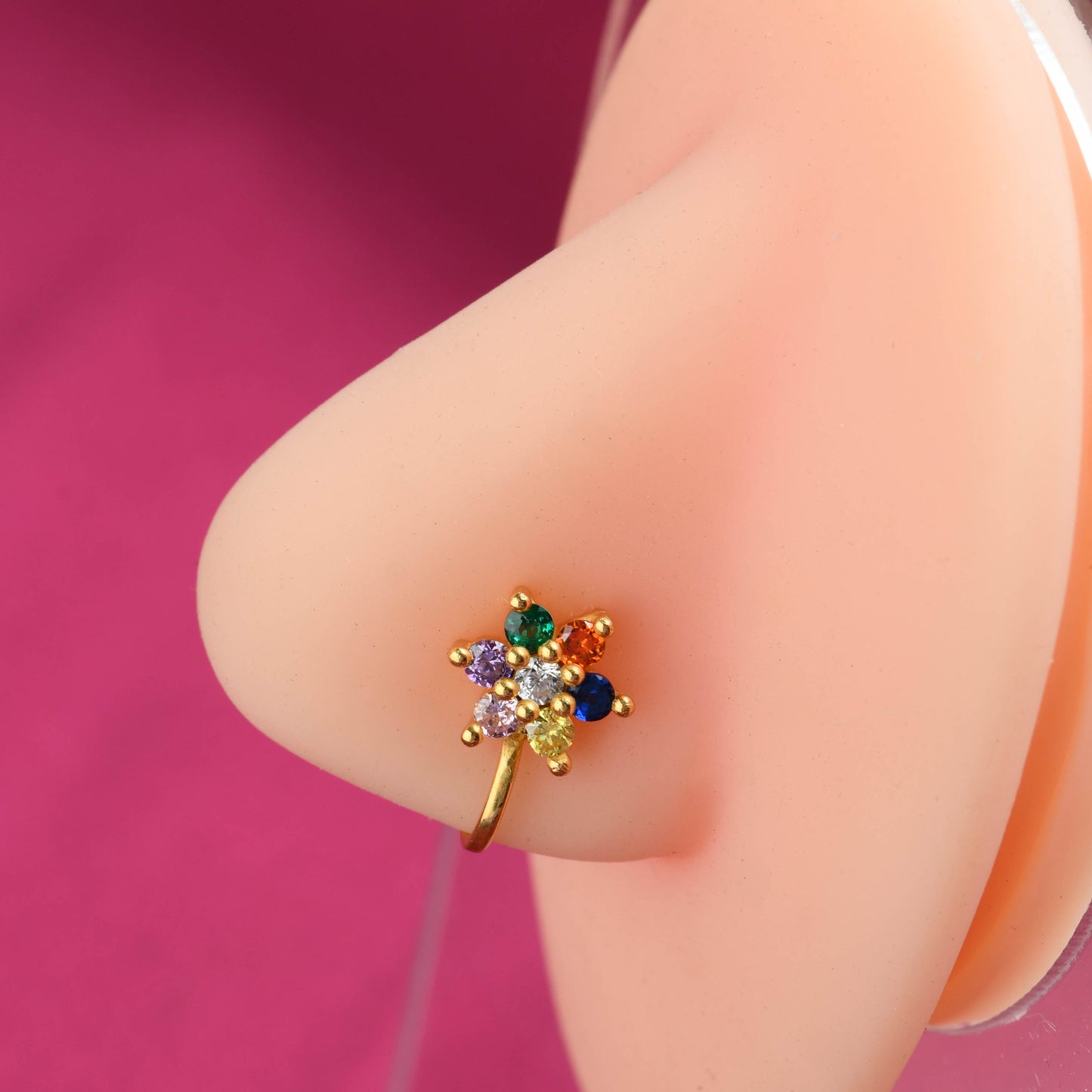 Rainbow CZ  Gold Plated Silver Nose Pin