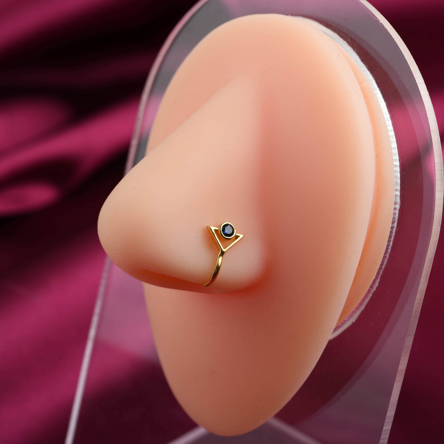 Inverted Triangle Blue Stone Gold Plated Silver Nose Pin