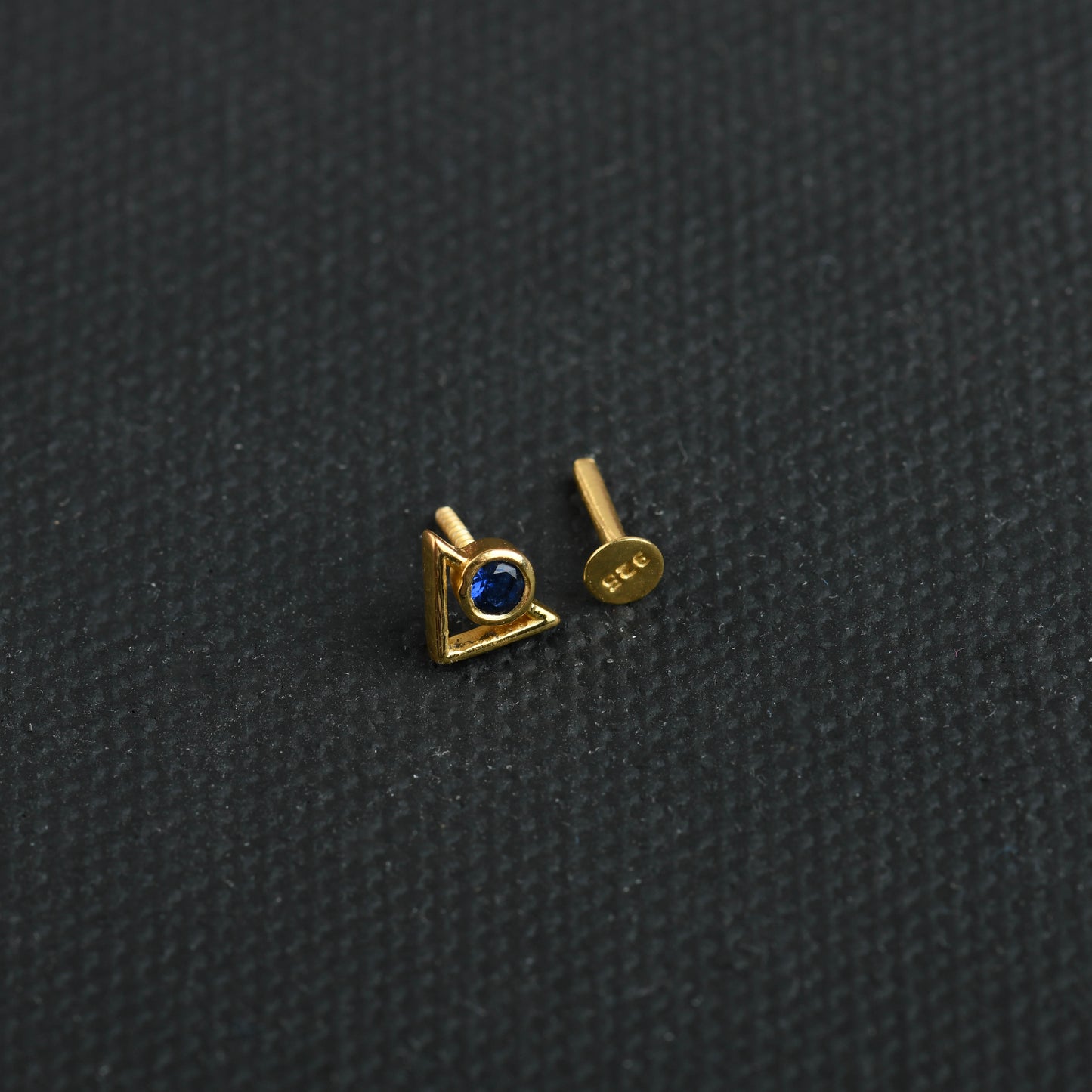 Inverted Triangle Blue Stone Gold Plated Silver Nose Pin