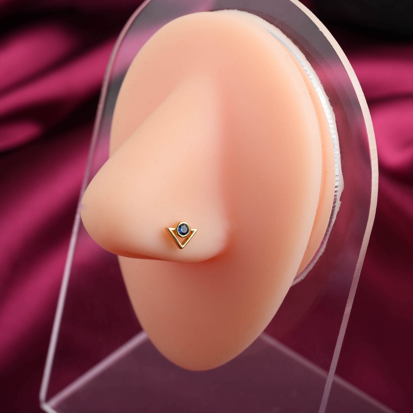 Inverted Triangle Blue Stone Gold Plated Silver Nose Pin