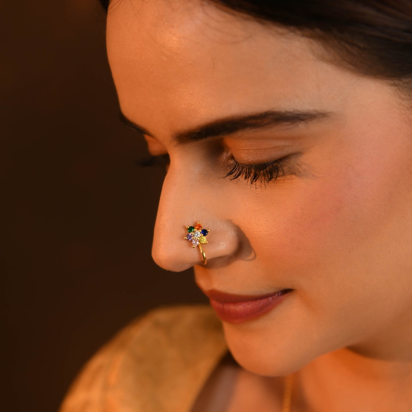 Rainbow CZ  Gold Plated Silver Nose Pin