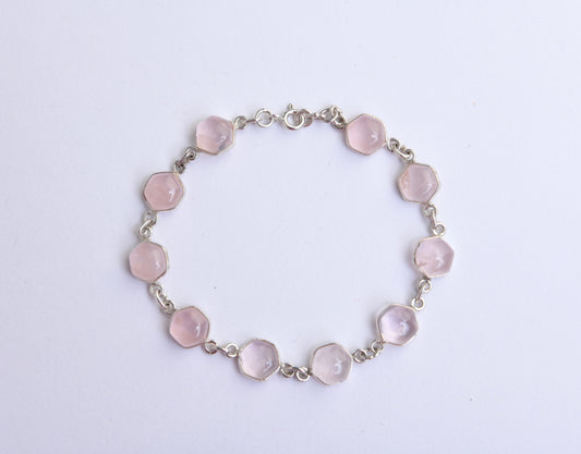 Hexagonal Rose Quartz And Silver Bracelet