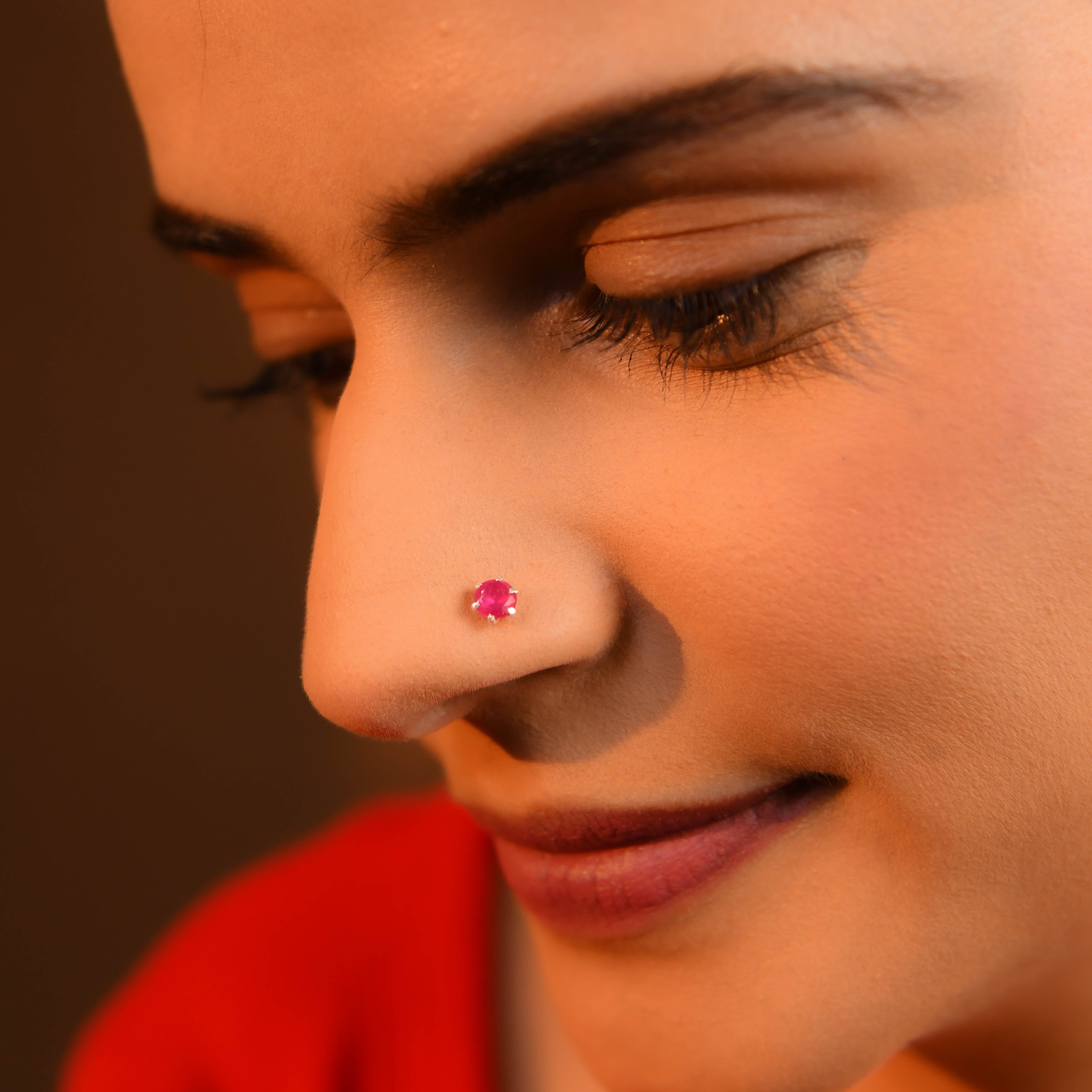 Natural Ruby Screw Type Silver Nose Pin, an example of a screw nose pin