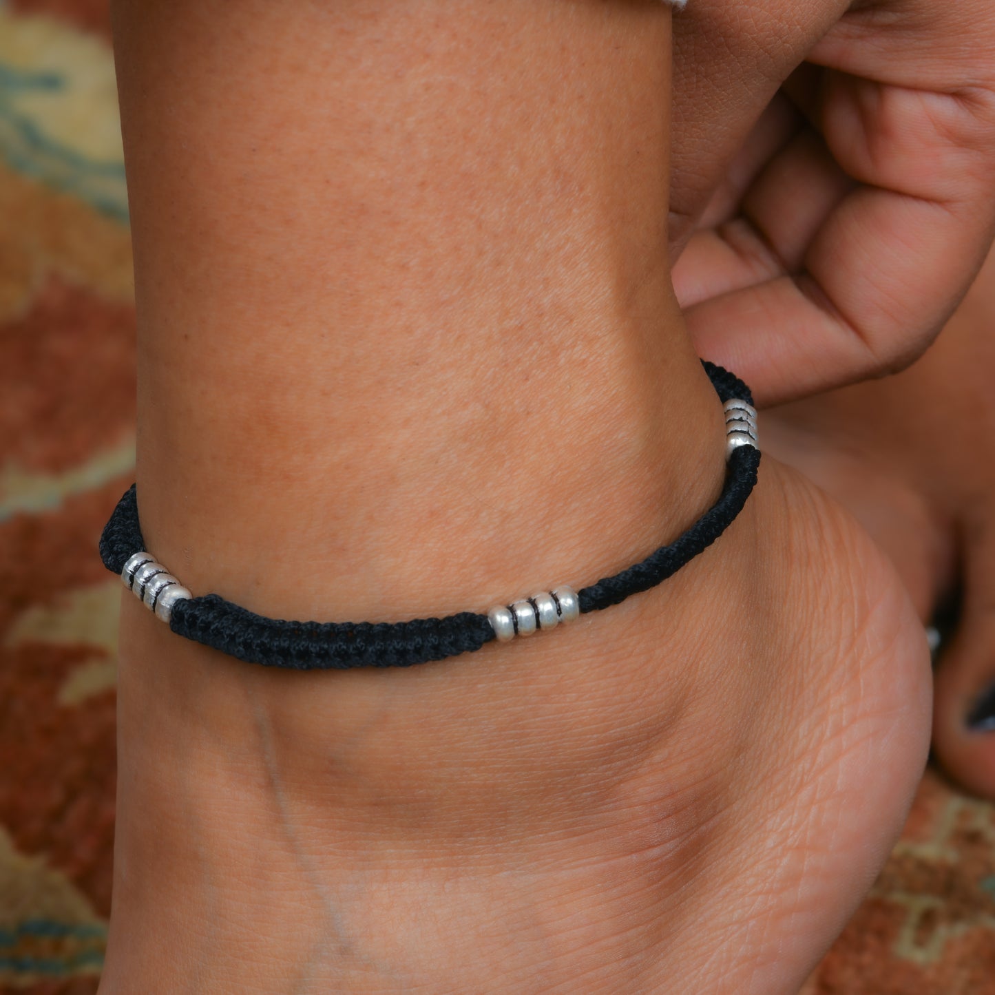 Knotted Charms Silver Black Thread Anklet