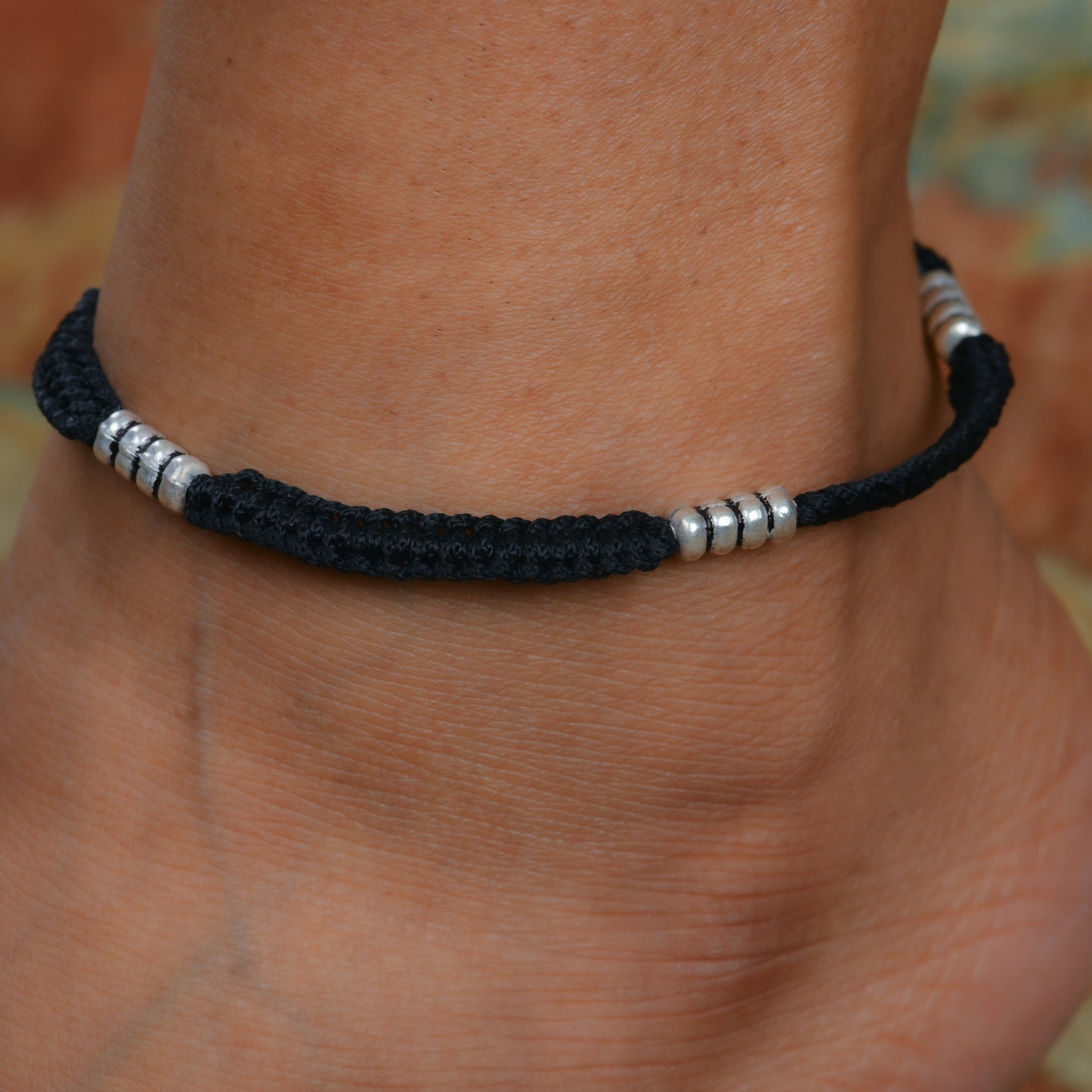 Knotted Charms Silver Black Thread Anklet