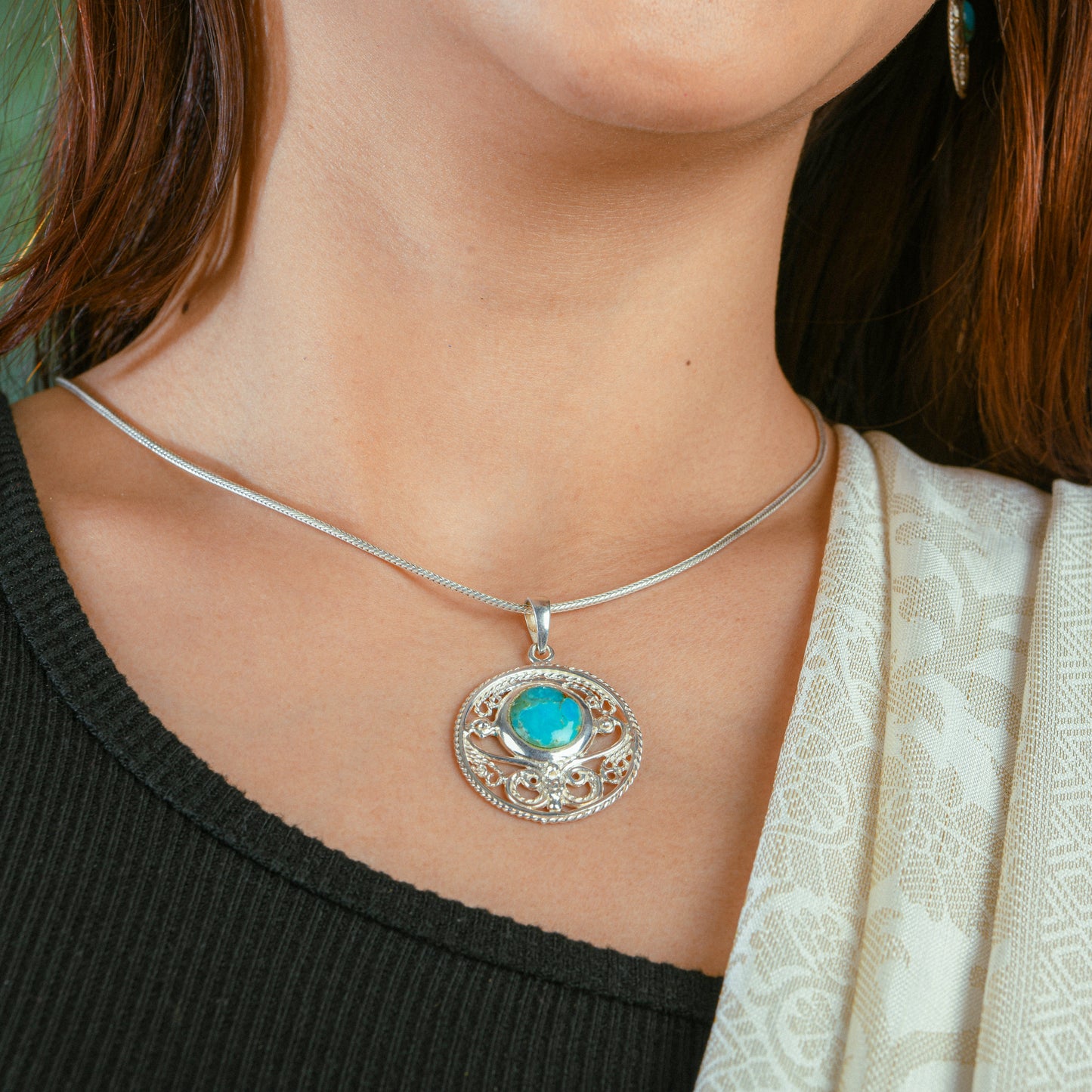 Turquoise Filigree Silver Pendant Earrings Set