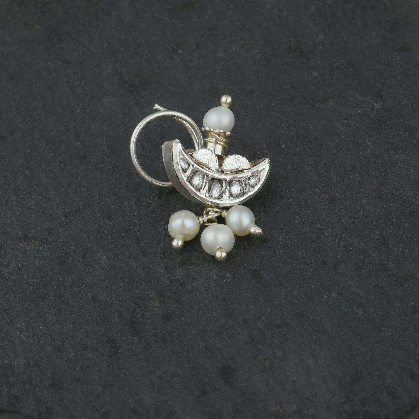 Kundan Crescent Moon Silver Nose pin