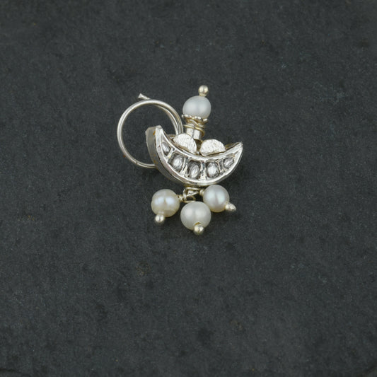 Kundan Crescent Moon Silver Nose pin
