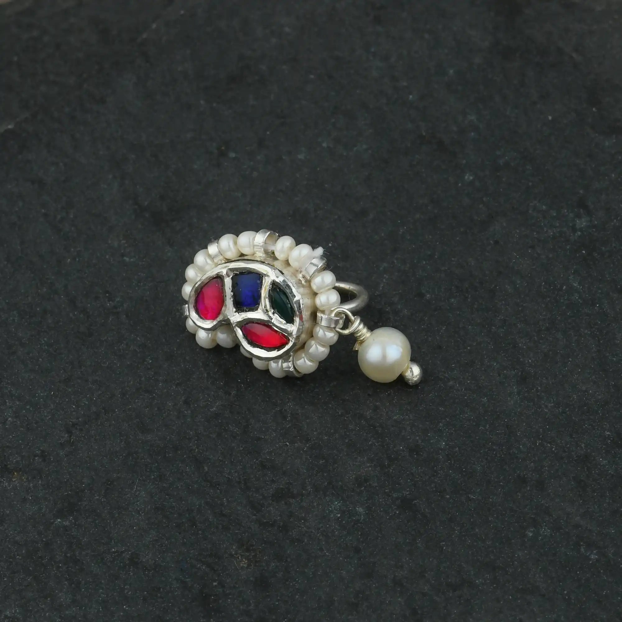Kundan Paisley Silver Clip-On Nose Pin, an example of a clip-on nose pin