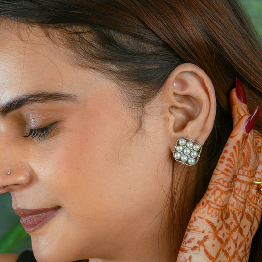 Premium Freshwater Pearls And Silver(Rhodium Plated) Square Studs