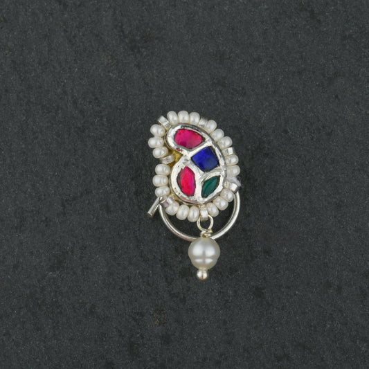 Kundan Paisley Silver Nose Pin
