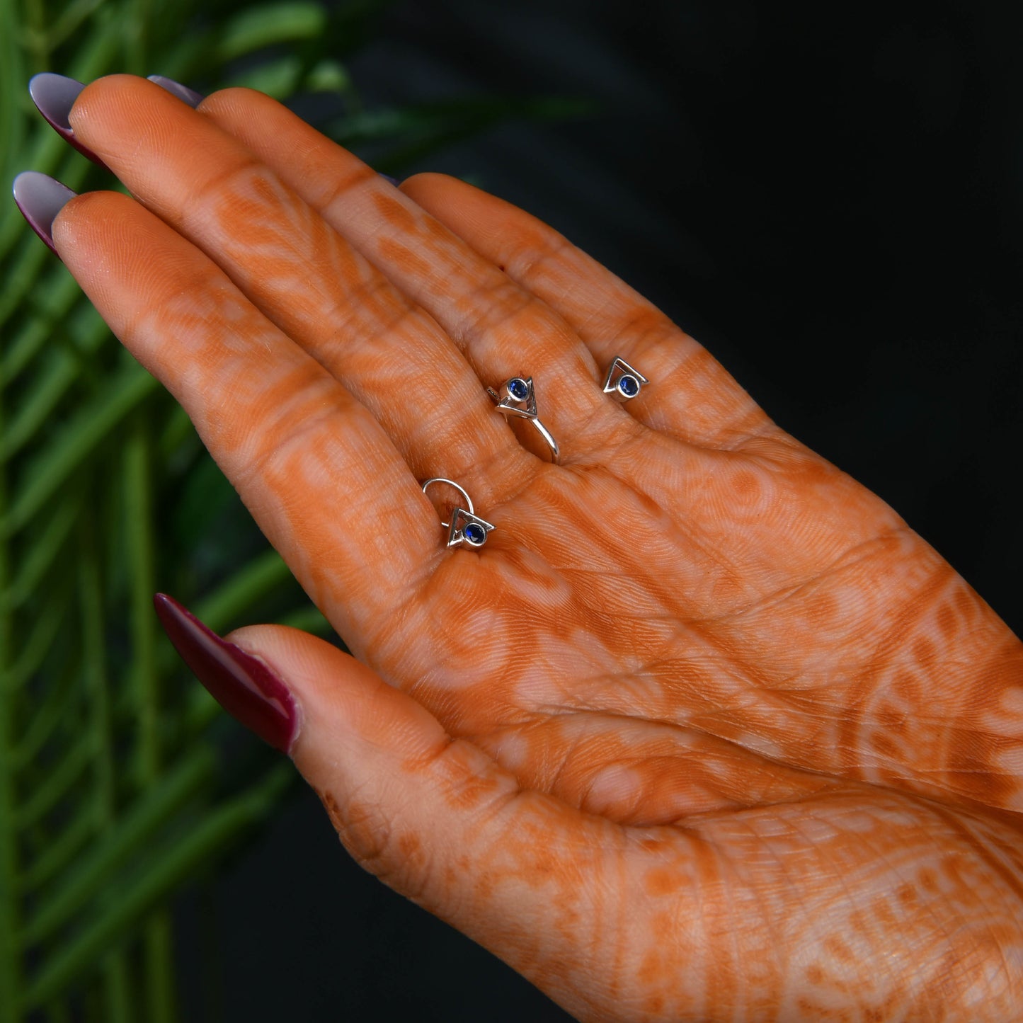 Trikone Blue CZ Silver Nose Pin