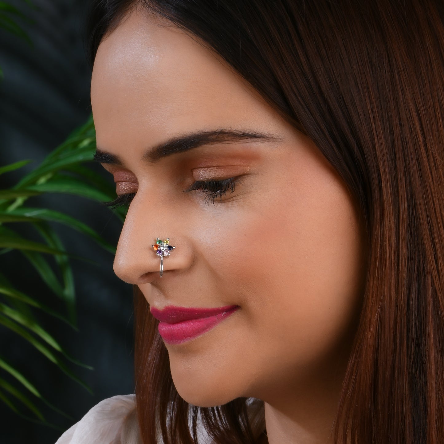 Rainbow CZ Silver Nose Pin