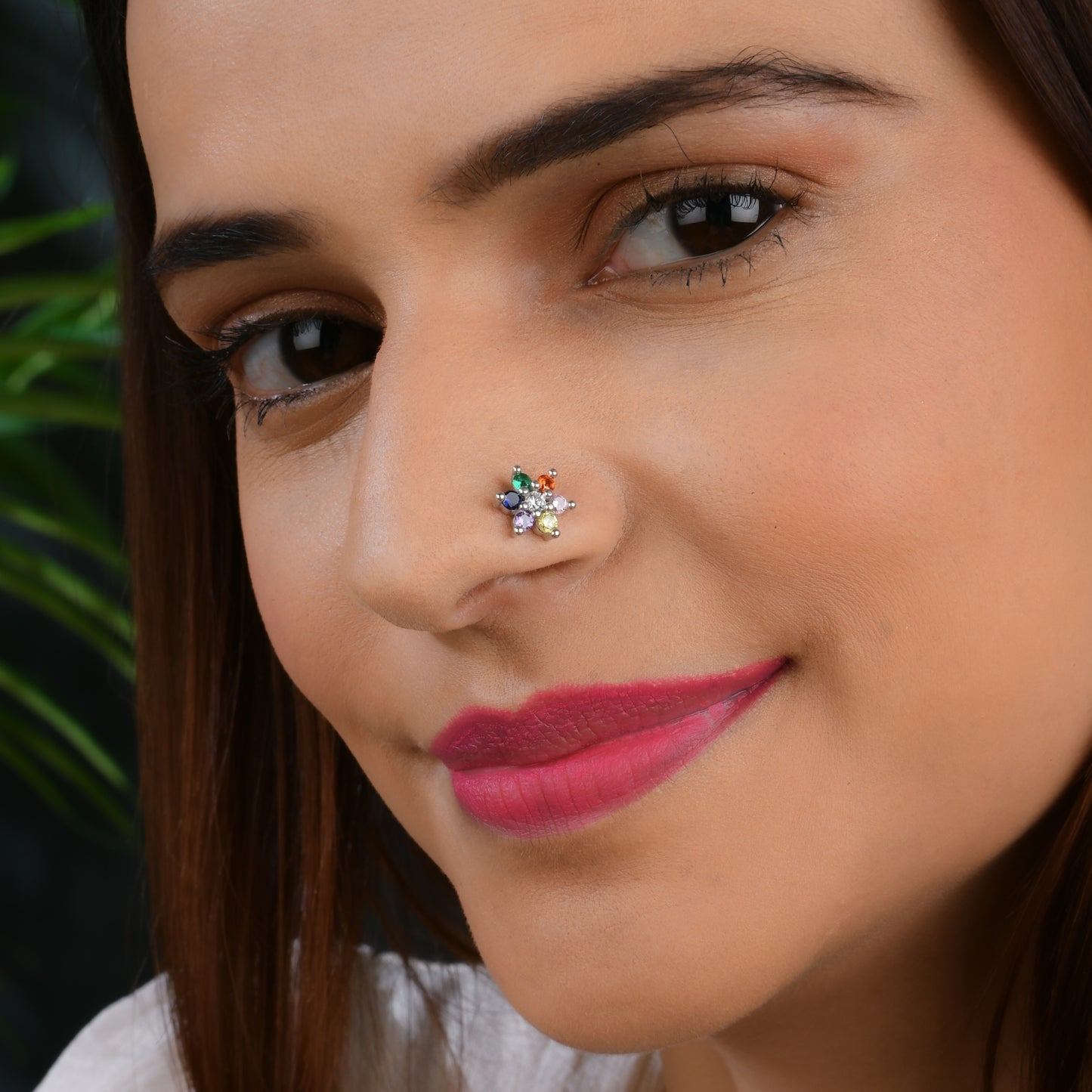 Rainbow CZ Silver Nose Pin
