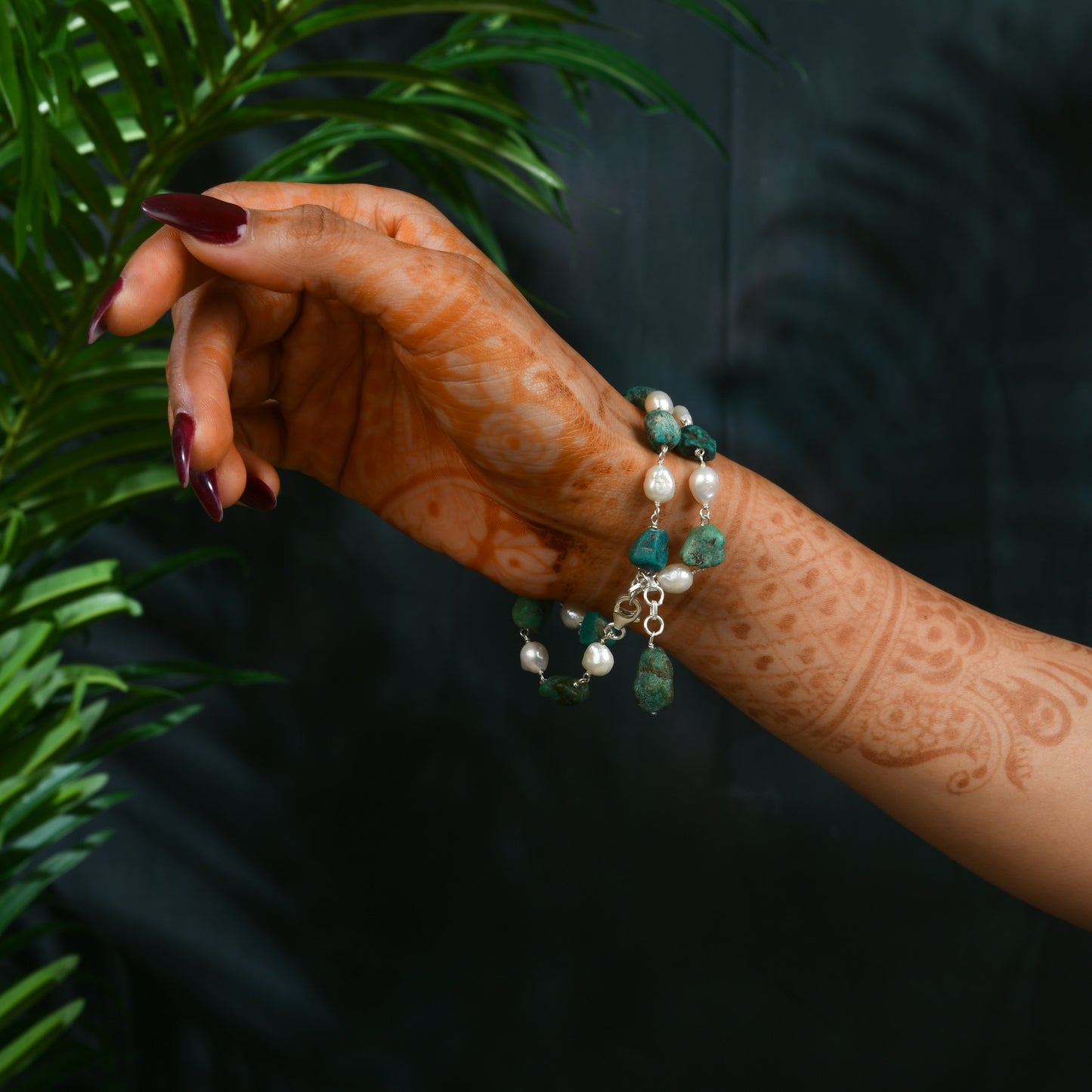 Turquoise Tumbles And Pearl Double Line Bracelet