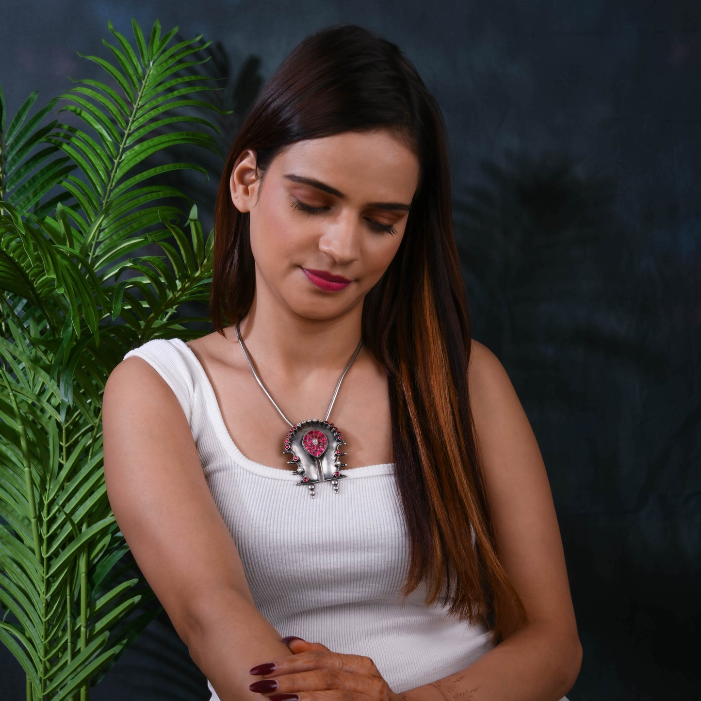 Pink Kundan Silver Pendant